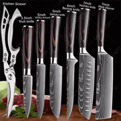 Zestaw Noży Damascus Laser (7CR17) – Santoku, Szefa Kuchni + Nożyce